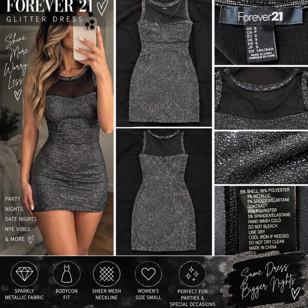 Forever 21 Metallic Silver Glitter Mesh Bodycon Mini Dress Size Small